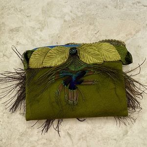 Constance Muller Handmade Wool Peacock Feather Bead Green Turquoise Wristlet